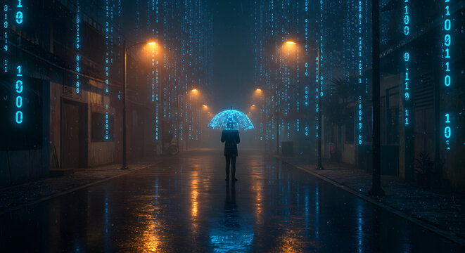 Information Overload: A Figure with a Glowing Umbrella in a Cyberpunk Data Storm