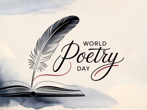 Celebrate world poetry day with a quill pen writing on an open book illustrating literary creativity