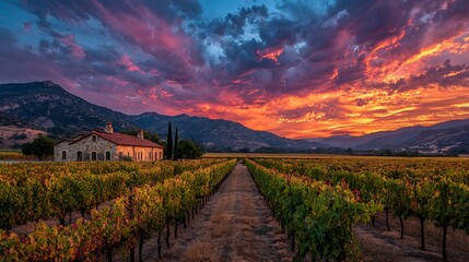 Sunset vineyard scene with classic farmhouse and expansive horizon, serene rural backdrop with blank sky ideal for eco-agriculture promotions or natural wine branding.
