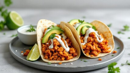 Two tacos filled with meat avocado and sauce on a gray plate with lime and cilantro garnish