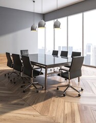 Modern, spacious boardroom with a large glass table, black chairs, and hardwood floors