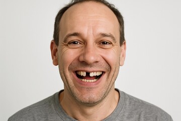 Obraz premium Smiling man with missing teeth showcases positive attitude and joy in a simple indoor setting during daytime