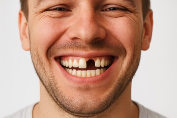 Smiling man with missing tooth showcasing confidence and happiness against a plain background