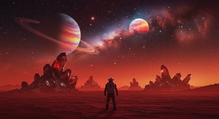 An astronaut stands on a red alien planet, gazing at a spectacular cosmic vista with ringed planets and a vibrant nebula in the sky