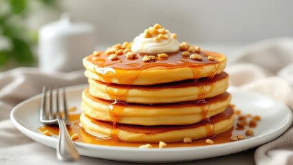 A stack of pancakes with syrup and whipped cream on a white plate with a fork beside it