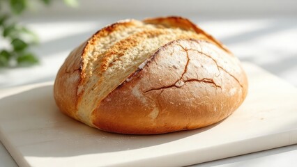 A loaf of freshly baked bread with a golden crust sits on a white cutting board in bright sunlight