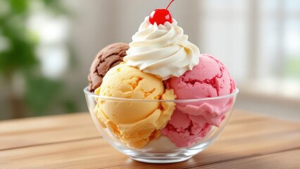 A glass bowl filled with scoops of chocolate orange and strawberry ice cream topped with whipped cream and cherry