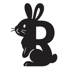 A silhouette of a rabbit with ears shaped into the letter R, cartoon style, black vector