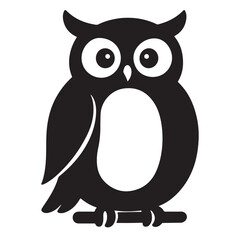 A silhouette of an owl perched to form the letter O, cartoon style, black vector