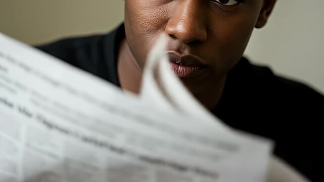 Young African American reading a newspaper; focus is on face and paper's blurred text