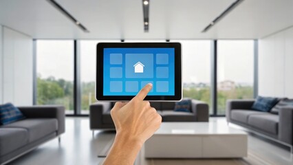 A person interacts with a tablet displaying a smart home interface in a modern living room with large windows and contemporary furniture.