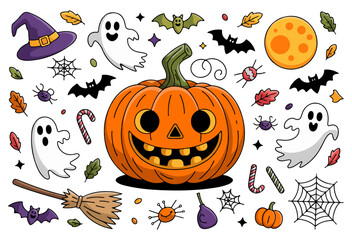 colorful halloween doodles collection, pumpkins, ghosts, bats, moon, witch hat, haunted house, candy, skulls, black cat, playful flat vector illustration