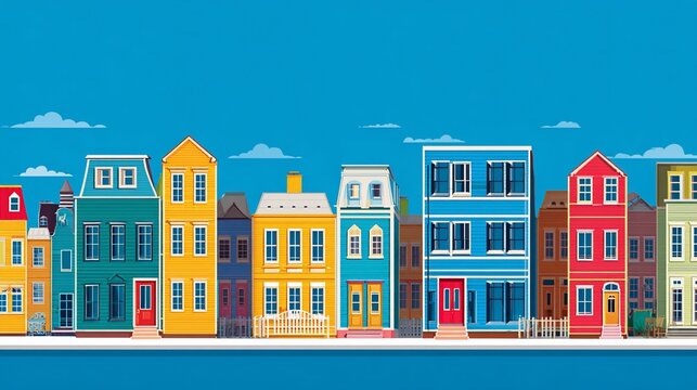 Cartoon-style colorful row houses under a bright blue sky