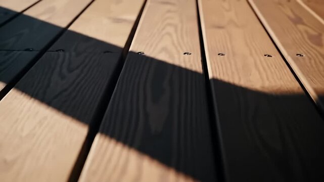 Close-up of wooden deck boards with visible grain and dark shadows casting diagonally