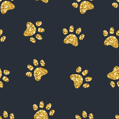 Dog Paw seamless pattern. Puw with of realistic golden glitter dust  Vector background. Perfect for fabric, wallpaper, apparel, wrapping paper