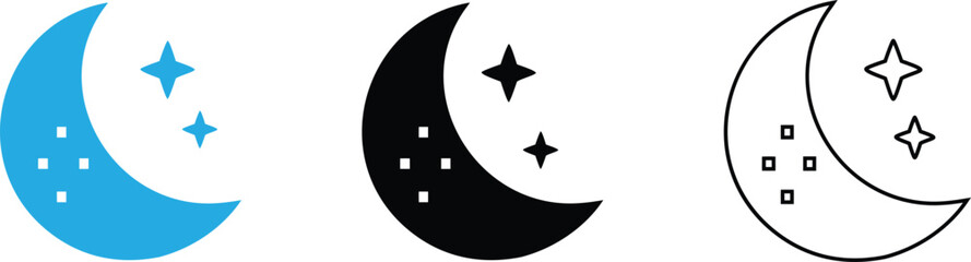Crescent moon vector icon. Moon symbol logo with stars. Moon icon vector illustration color style, silhouette and line art icon