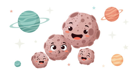 Adorable Asteroid Family Floating Among Colorful Planets In A Space Adventure