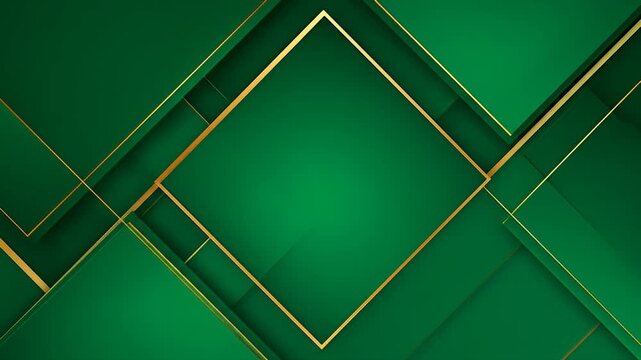 Emerald green layered squares with golden outlines, abstract background with depth