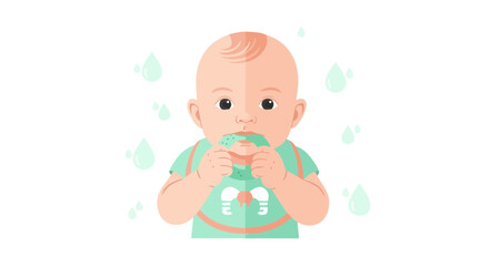 Adorable Infant Engaged In Teething Process With Colorful Toy With White Background