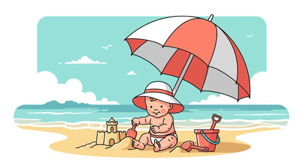 Adorable Infant Enjoying Sunny Beach Day Constructing Sandcastles Under Umbrella