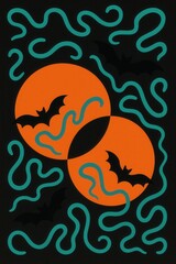 Silhouetted bats flying across two overlapping orange circles representing moons, surrounded by curvy teal lines against a dark background with Halloween vibes