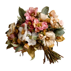 Beautifully arranged vintage dried flower bouquet with delicate petals and green leaves isolated on transparent background