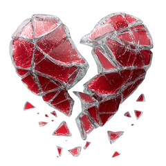 Broken heart made of shattered red glass pieces symbolizing heartbreak and emotional pain isolated on transparent background