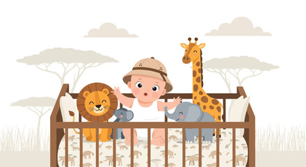 Adventurous Baby Dreaming Of Safari In His Crib With Animal Friends
