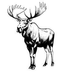 Shaggy moose with horns, black and white sketch. Vector illustration. A forest herbivore, isolated on a white background