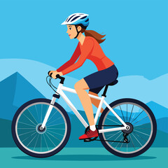 Obraz premium A woman in a helmet rides a bicycle through a mountainous landscape.