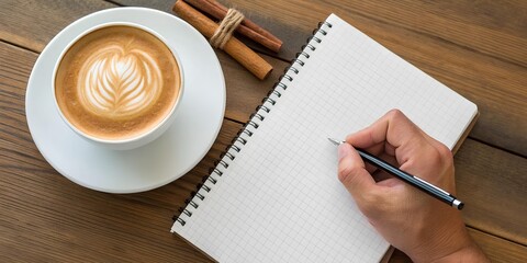 Coffee cup with leaf-shaped latte art on saucer beside notebook, pen in hand, and cinnamon sticks on wooden table in warm indoor setting