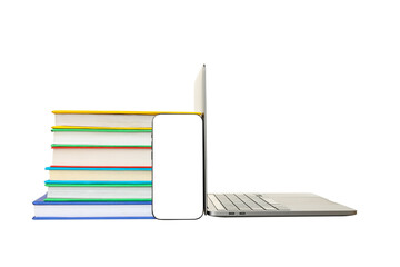 Colorful books by a sleek laptop, isolated on white, PNG