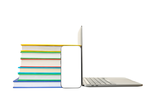 Colorful books by a sleek laptop, isolated on white, PNG