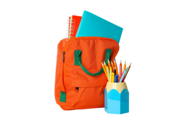 Orange backpack with notebooks and pencils, isolated on white, PNG
