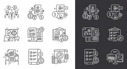 Business finance and accounting thin line icons set. Symbols for financial reporting, data analytics, and investment planning.