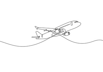 Continuous line drawing of an airplane taking off against a plain white background