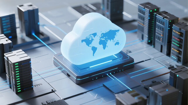 Global Network: Futuristic Cloud Computing Server Infrastructure, High-Tech Data Center, Digital World Map, Abstract Technology Concept.