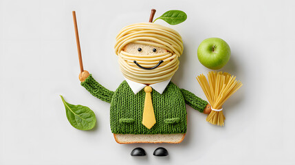 Creative teacher figure made from bread, noodles, and vegetables – fun educational food art for posters or kids decor