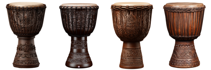 Set of handcrafted African djembe drums with carved wooden bases, isolated on a transparent background.

