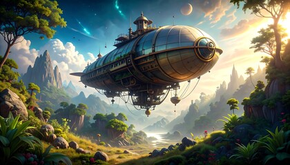 Obraz premium Steampunk airship over a lush valley