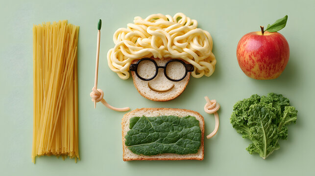 Edible school-themed composition of teacher made with noodles and bread – playful flat lay for education and classroom prints
