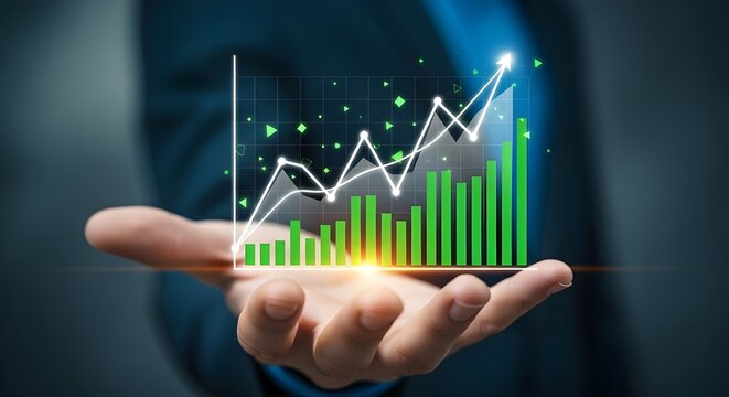 Visual Representation of Positive Business Growth Featuring Hand Holding Glowing Line and Bar Charts with Digital Data Points