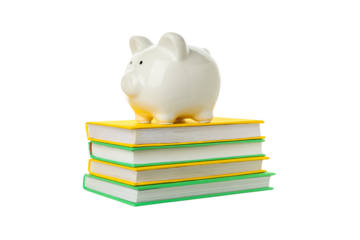 Piggy bank on colorful school books, isolated on white, PNG