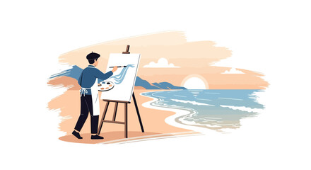 Fototapeta premium Artist Painting A Seascape On The Beach During Sunset Moment Of Inspiration
