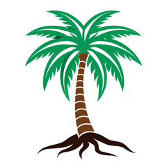 Palm tree with roots exposed, stylized vector art on white background