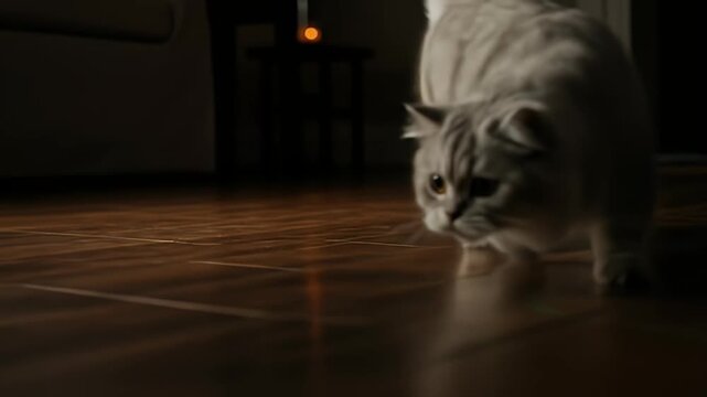 Gray tabby cat stalks a bright green laser pointer on a shiny brown wooden floor indoors