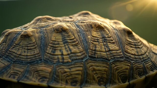 Detailed view of turtle shell, featuring patterned ridges and brown, black, tan coloring