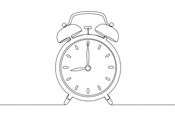 Continuous line drawing of a classic alarm clock with bells and clock hands showing time
