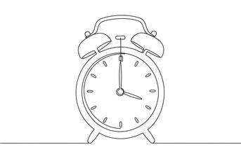 A continuous line drawing of a classic alarm clock with bells and a simple background