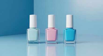 Minimalist still life of three pastel nail polish bottles on a blue background